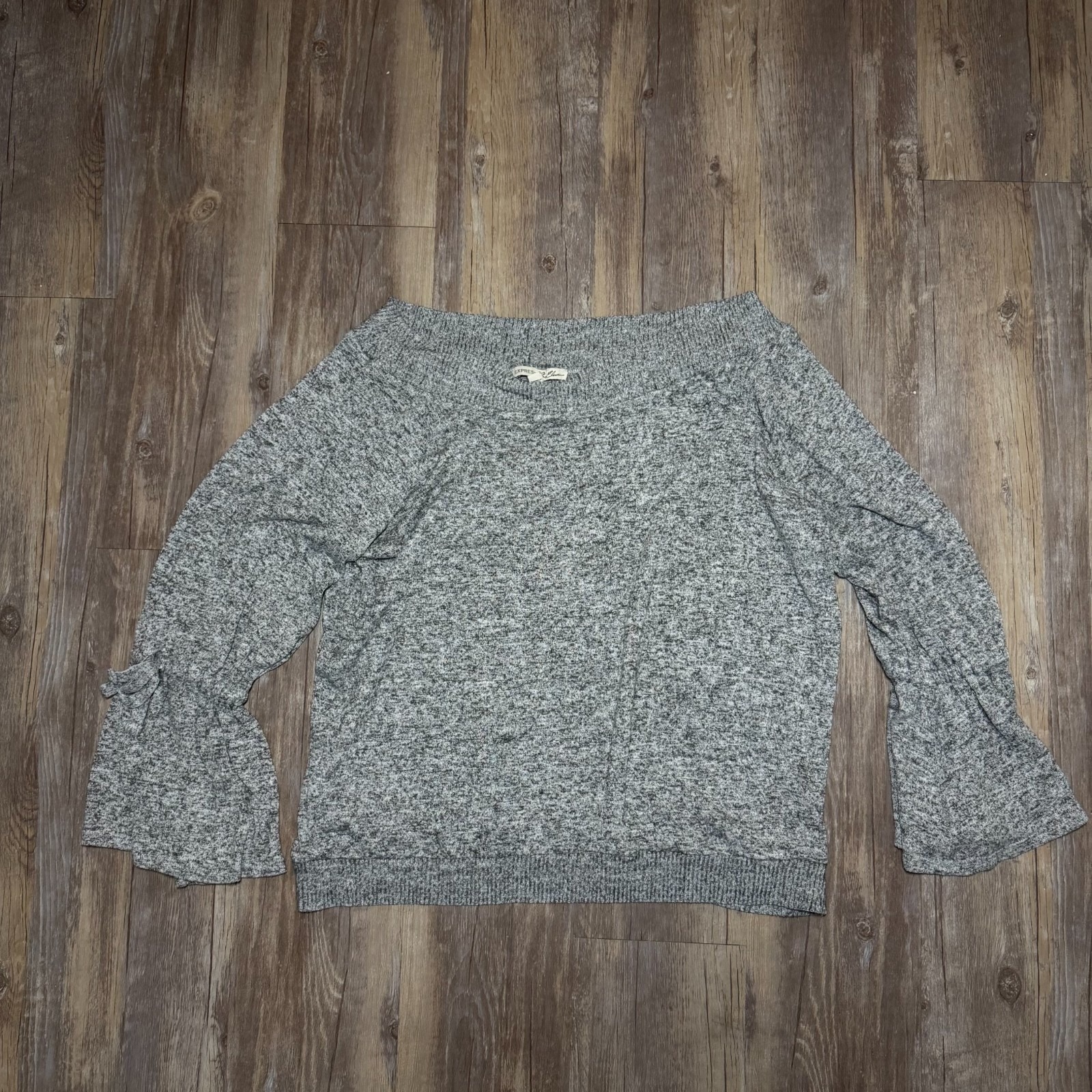 Express Sweater Womens Large Heather Gray Tight Knit Ribbed Trim Boat Neck